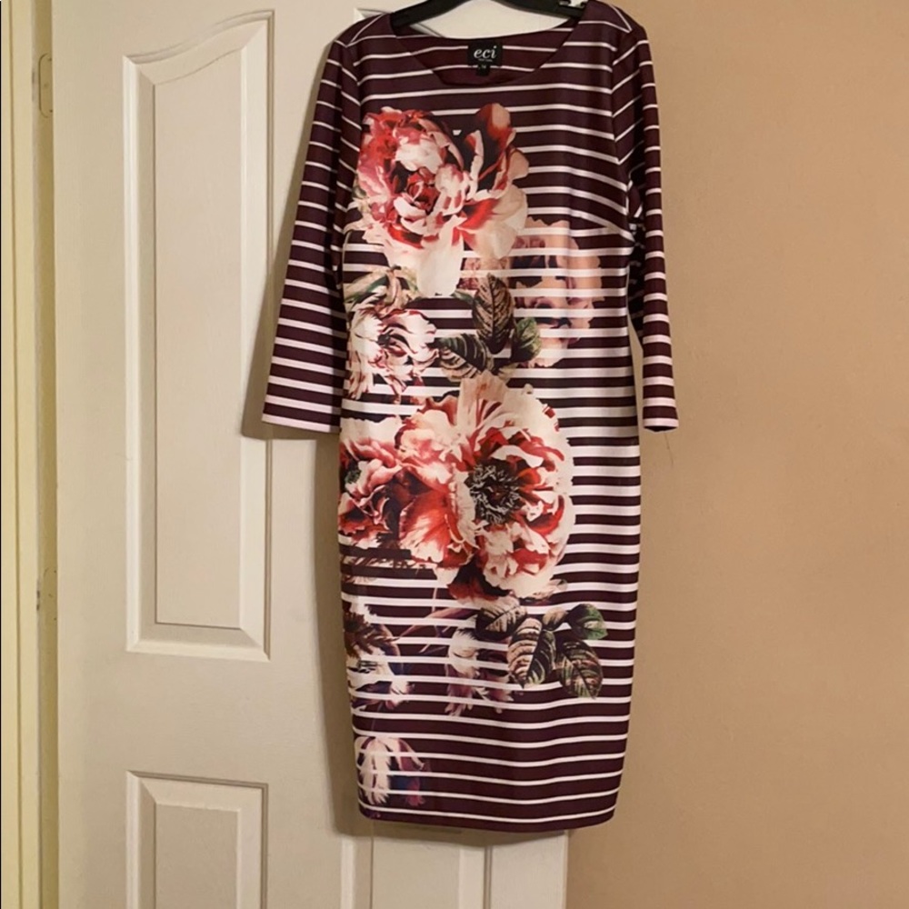 Beige By ECI Striped MIDI Dress w/Side Zipper
